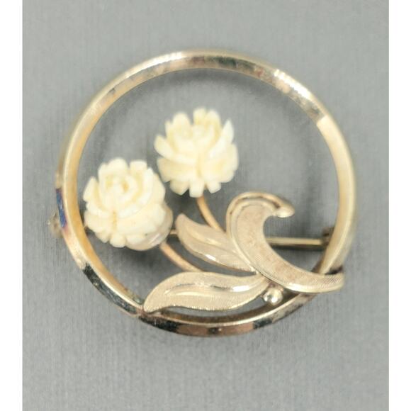 Vintage Van Dell 12k Gold Filled Brooch Pin w/ 2 Carved Roses -Van Dell Jewelry - Picture 2 of 4